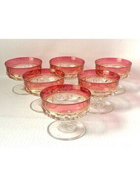 6 Kings Crown Dessert Sherbet Wine Glasses Tiffin Thumbprint Drinking Glass Ruby